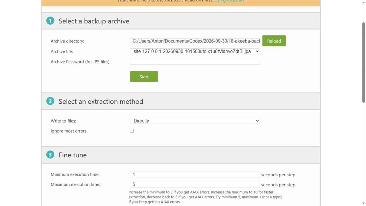 Kickstart 9.1.0 running on a separate local test website.
