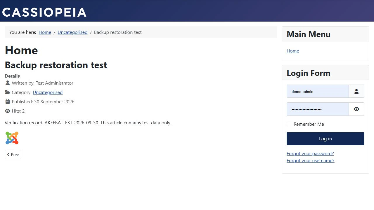 The restored website displays the control article, test data and image.