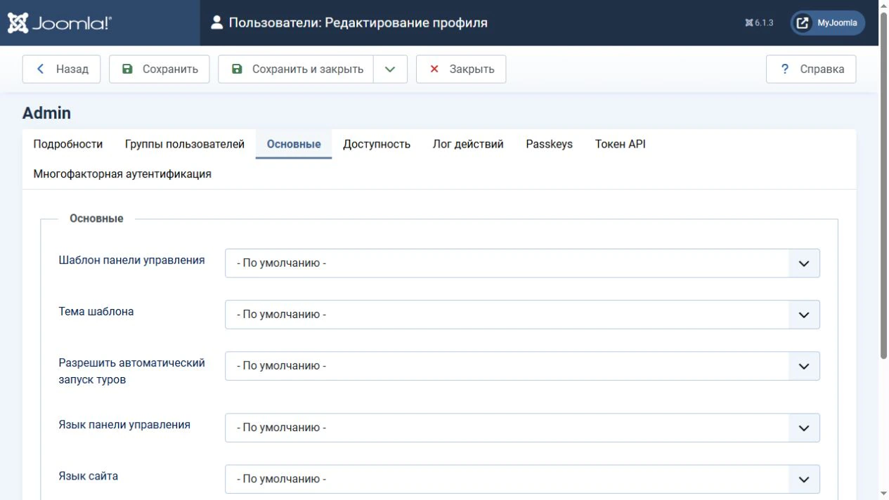 Язык панели управления в настройках профиля