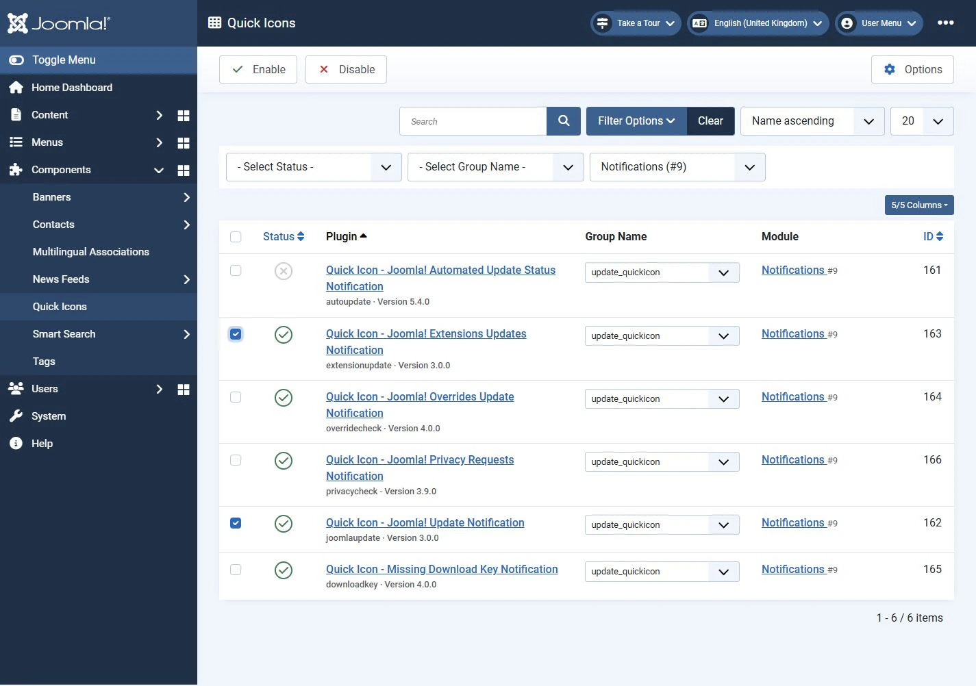 The Joomla and extension update notification plugins are selected. Enable and Disable are available as bulk actions.