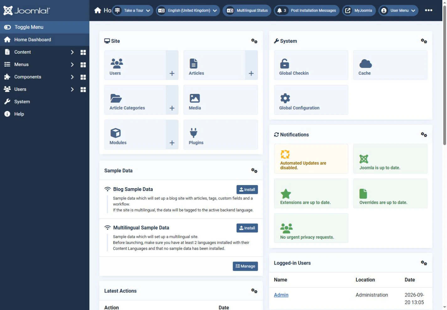 Dashboard with default settings