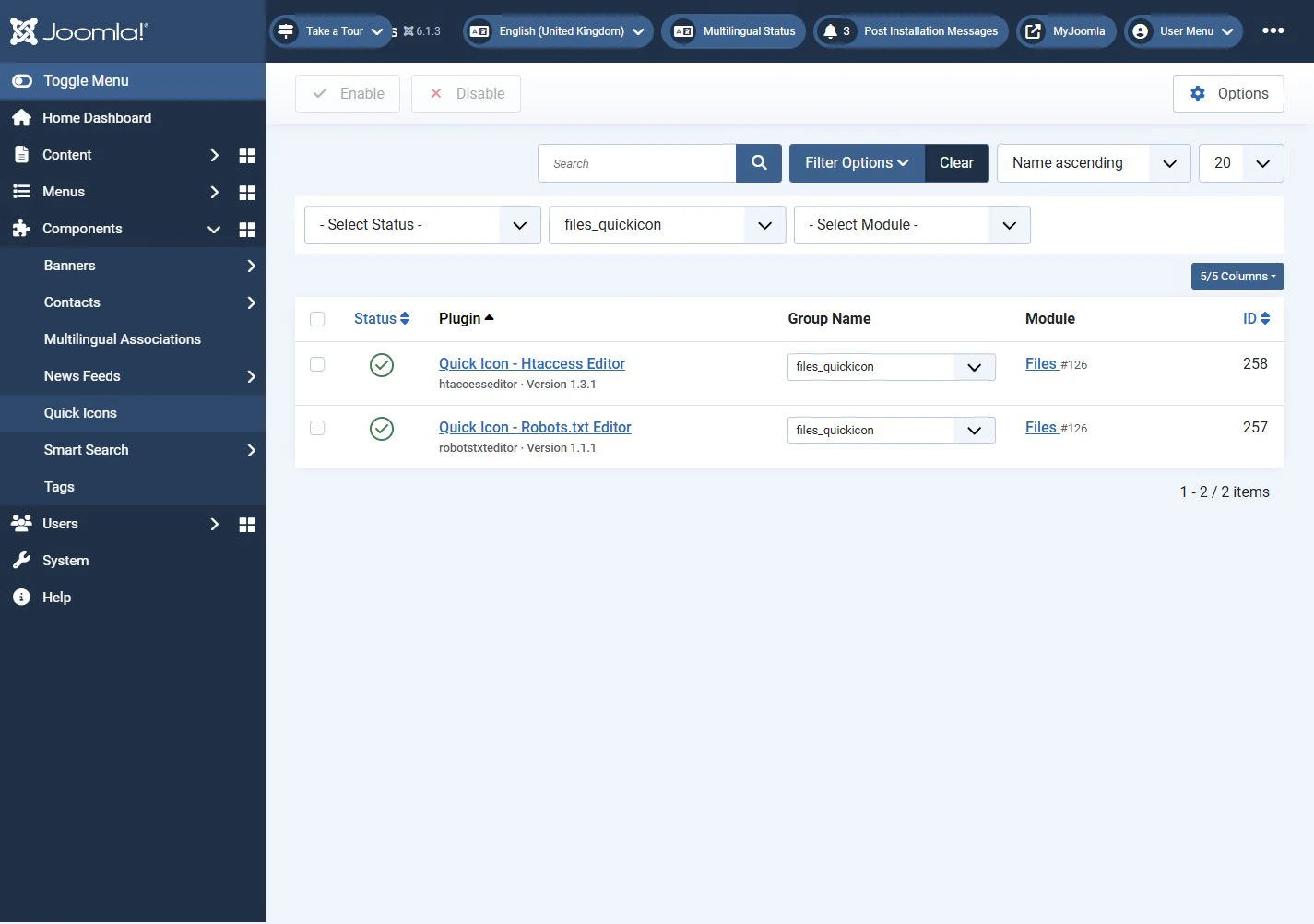 Filtering by files_quickicon shows the Htaccess Editor and Robots.txt Editor plugins.