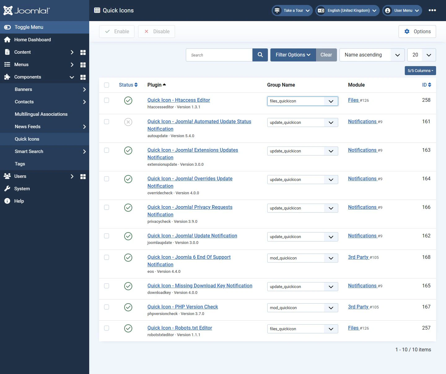 The Group Name control for Htaccess Editor. Its current group is files_quickicon, associated with the Files module.