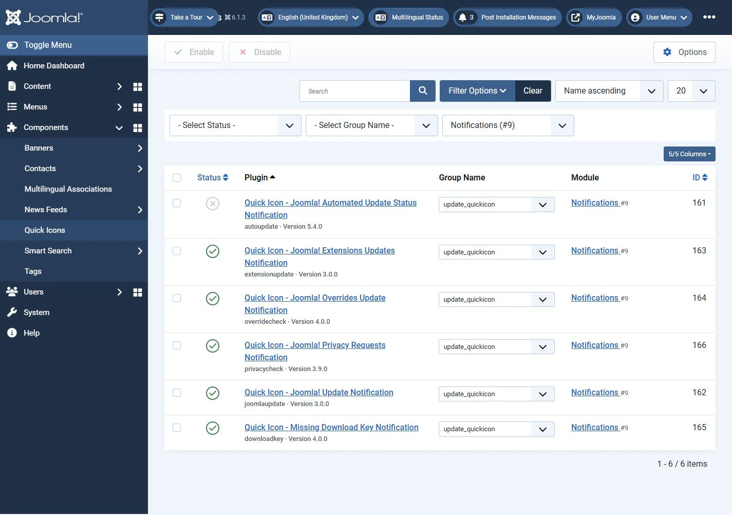 The Module filter is set to Notifications (#9), showing plugins in the update_quickicon group.