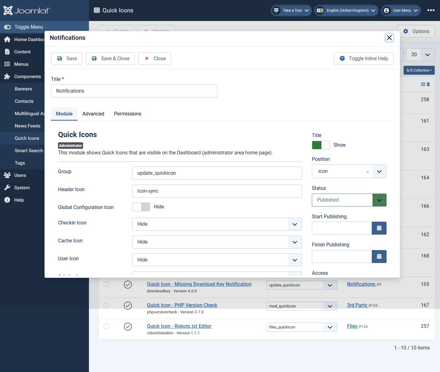 The Notifications module opened from Quick Icons Manager in a modal window. Its group is update_quickicon.