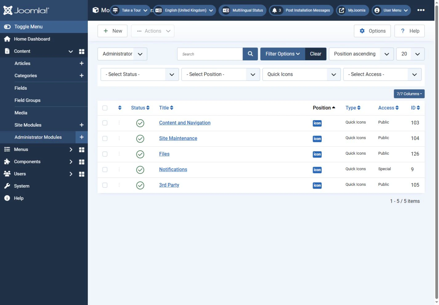 Administrator modules filtered by Quick Icons. Each row represents a separate panel.