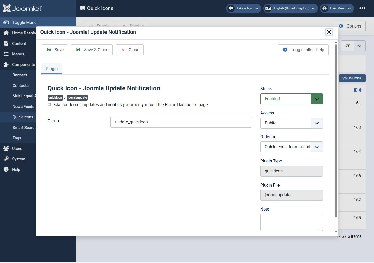 Joomla Update Notification settings opened in a modal window above the Quick Icons Manager list.