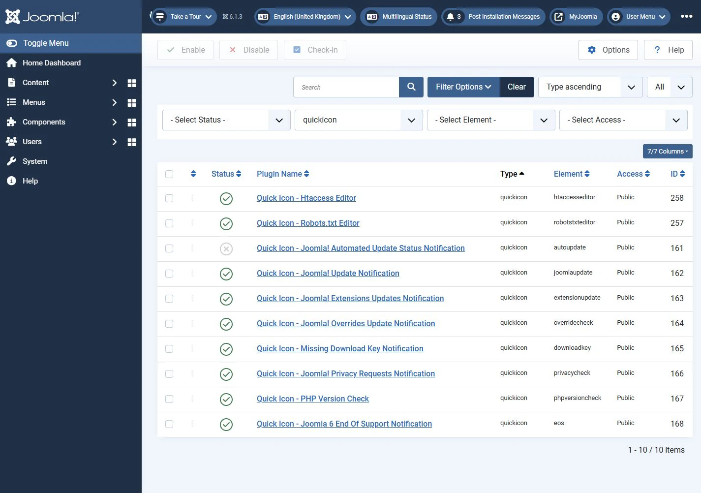 Joomla’s standard plugin manager filtered by the quickicon type.