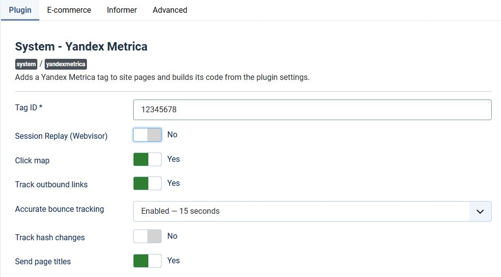 Main settings in Yandex Metrica Integrator. Tag ID 12345678 is shown as an example.