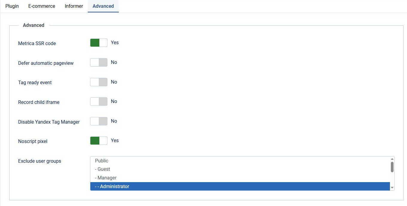 Advanced settings: an example of excluding the Administrator group from analytics.